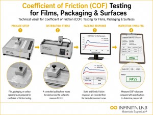 Infinita Engineering Visual showing Coefficient Of Friction packaging material / package integrity workflow for coefficient of friction (cof) testing for films, packaging & surfaces.