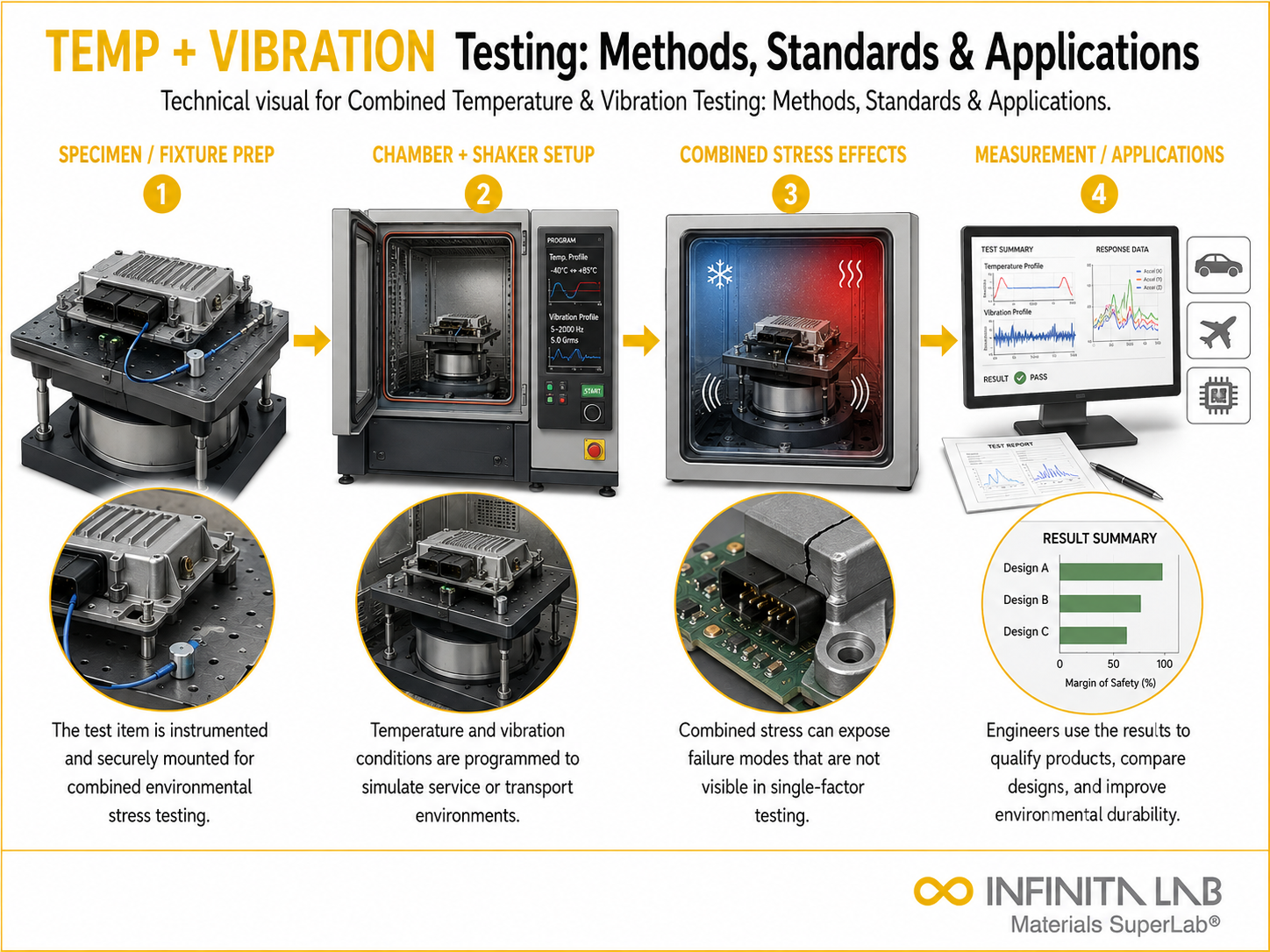 Infinita Engineering Visual showing Combined Temperature Vibration microscopy / imaging workflow for combined temperature & vibration testing: methods, standards & applications.