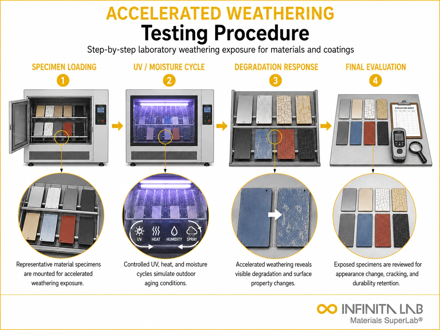 Infinita Engineering Visual showing Accelerated Weathering Testing uv / weathering exposure workflow for accelerated weathering testing.