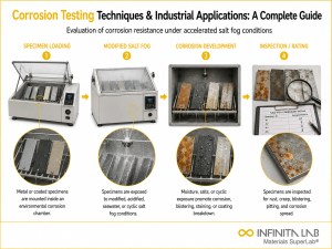 Four-step Infinita Engineering Visual showing corrosion testing techniques & industrial applications: a complete guide with specimen loading, modified salt fog, corrosion development, and inspection / rating.