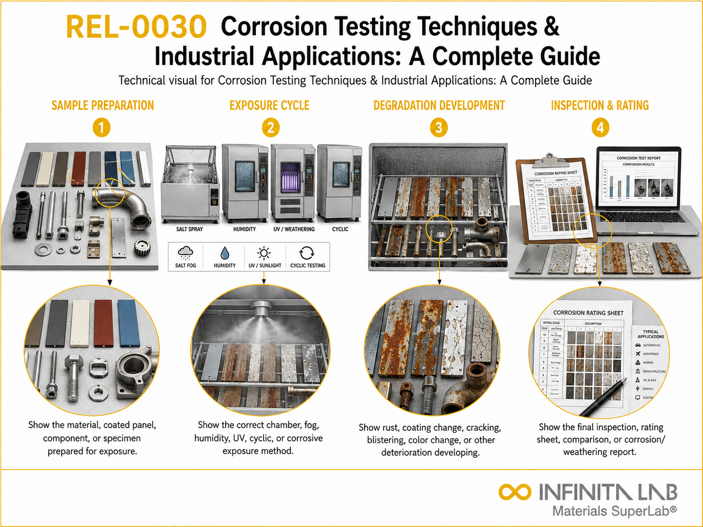 Infinita Engineering Visual showing Corrosion Testing Techniques & Industrial Applications: A Complete Guide corrosion / weathering / durability workflow.