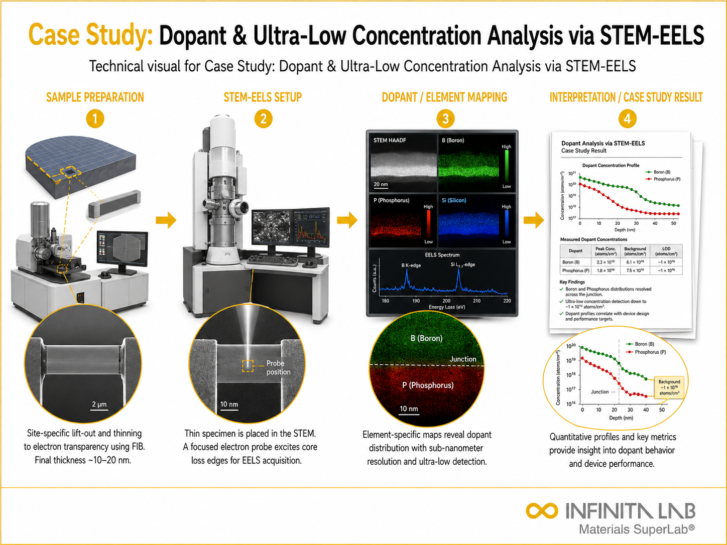 Infinita Engineering Visual showing Case Study Dopant microscopy / imaging workflow for case study: dopant & ultra-low concentration analysis via stem-eels.