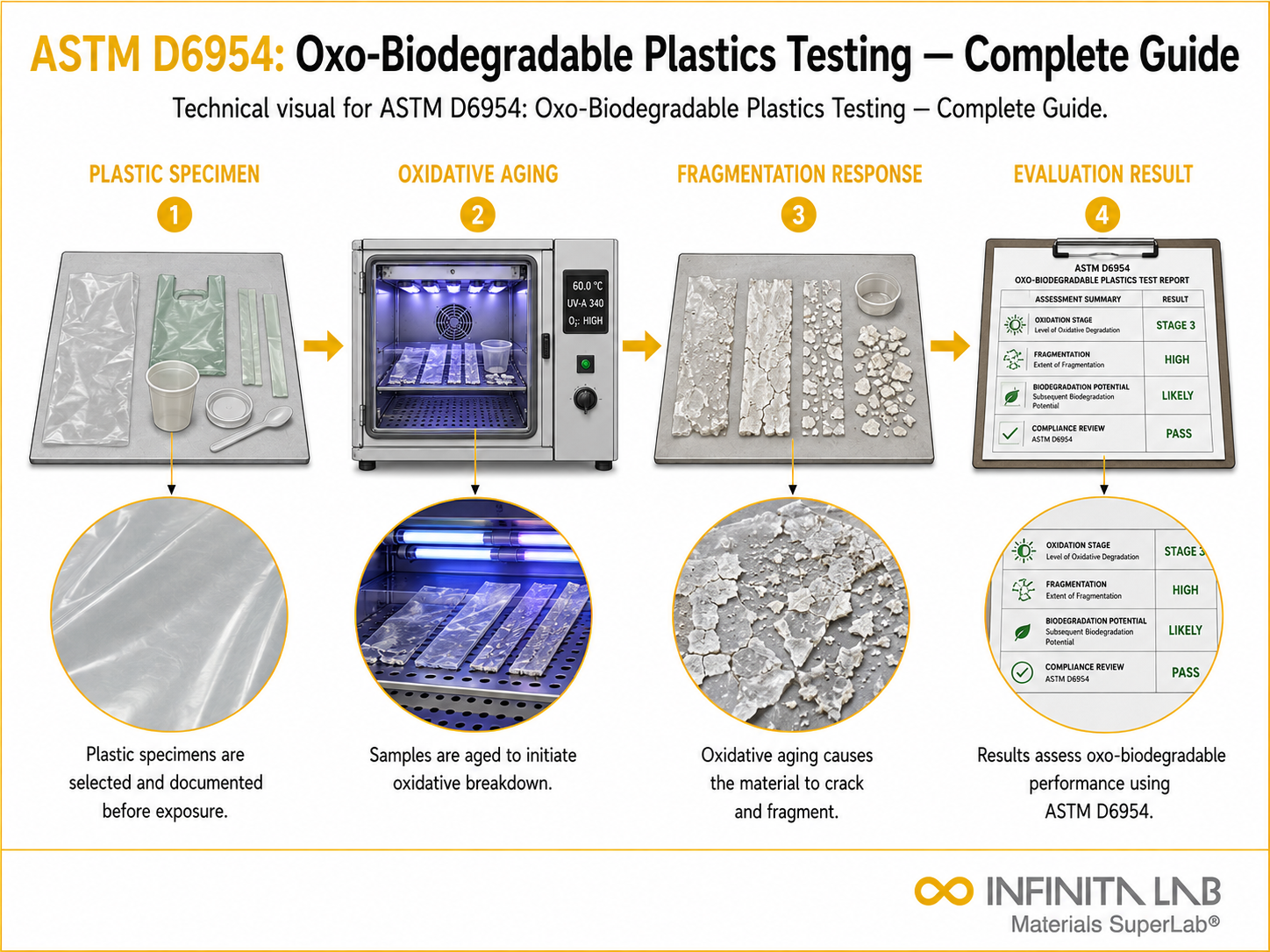 Infinita Engineering Visual showing ASTM D6954 polymer / plastics material properties workflow for astm d6954: oxo-biodegradable plastics testing — complete guide.