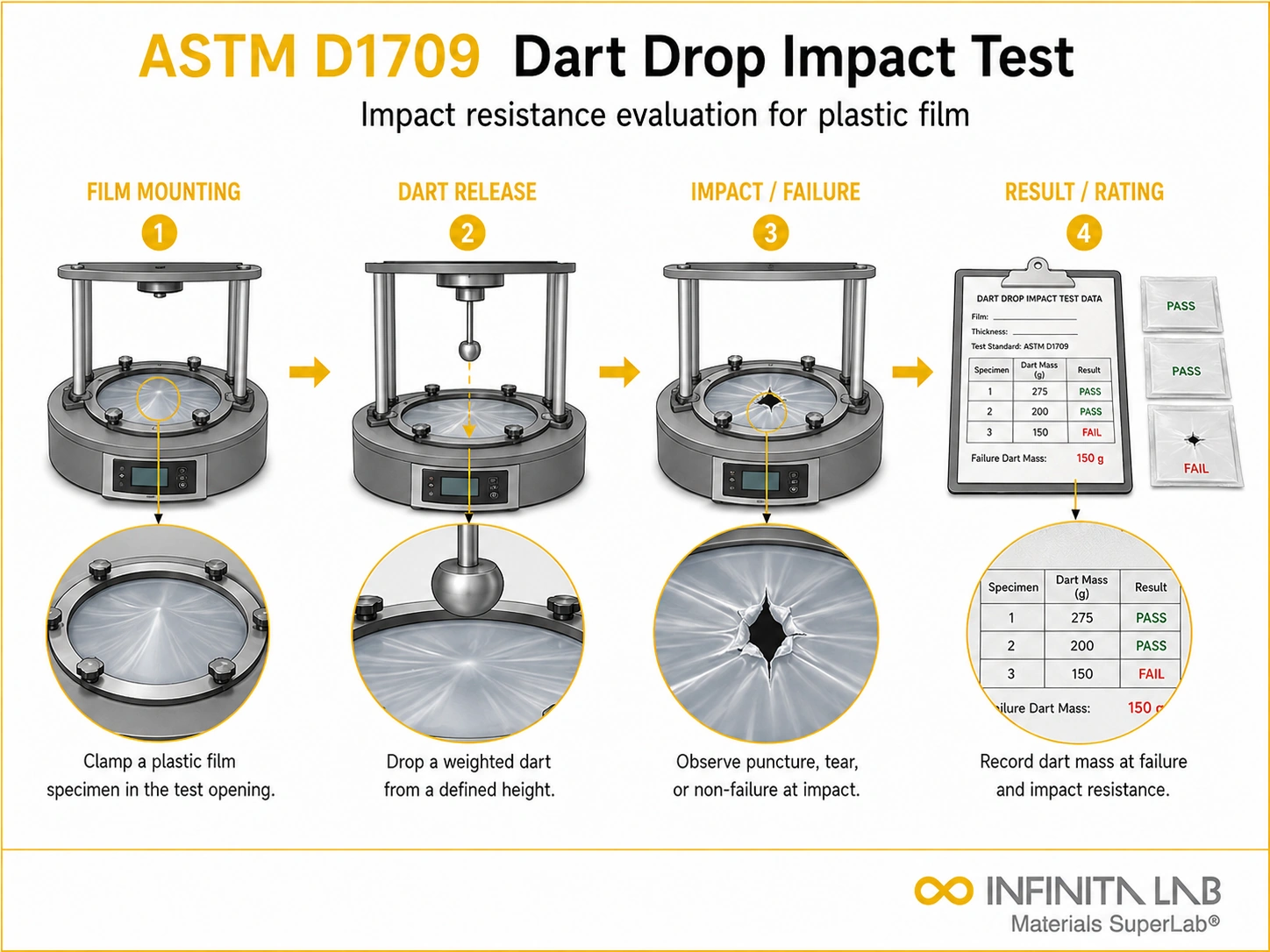 Infinita Engineering Visual showing ASTM D1709 DART transport / distribution simulation workflow for astm d1709 dart drop impact plastic film.