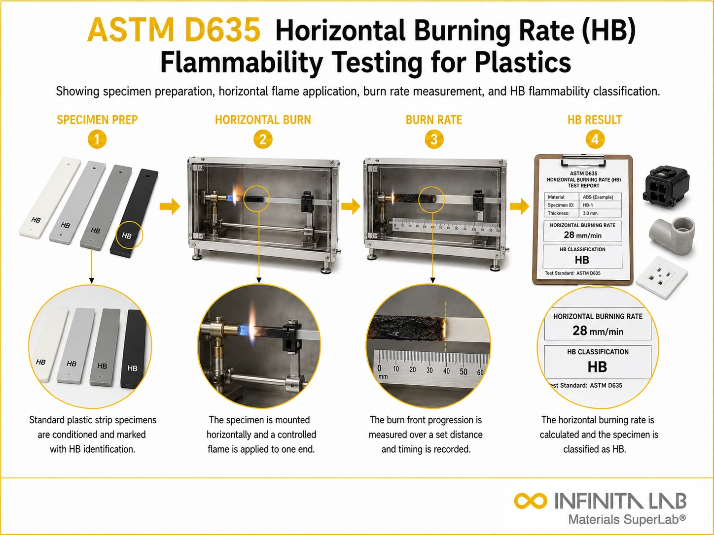 ASTM D635 Horizontal Burning Rate (HB) Flammability Testing for Plastics