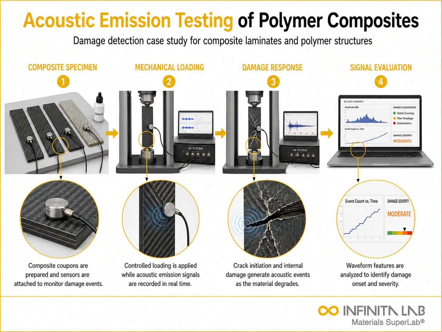 Infinita Engineering Visual showing Case Study Acoustic polymer / plastics material properties workflow for case study: acoustic emission testing of polymer composites for damage detection.