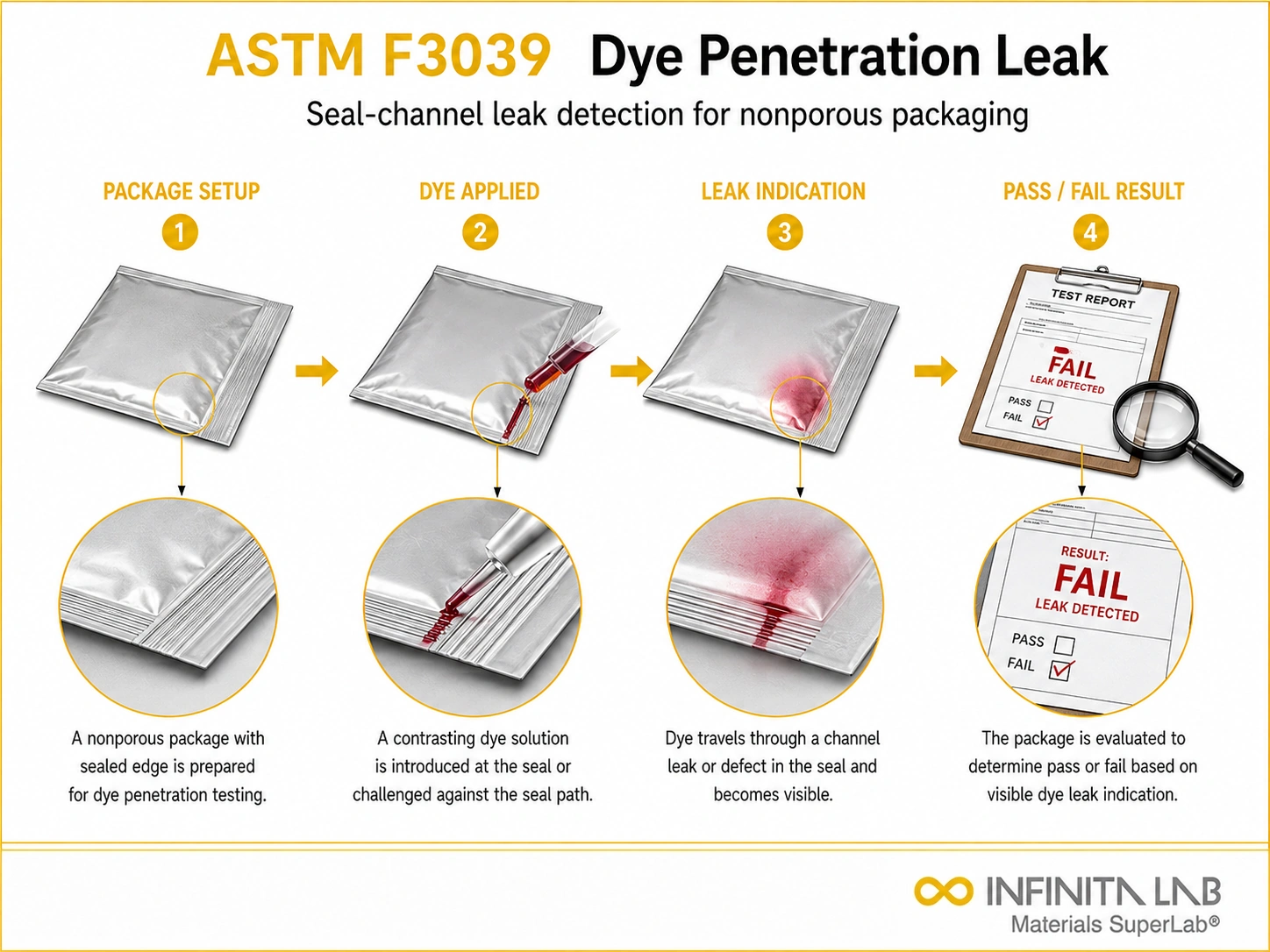 ASTM F3039: Nonporous Packaging Dye Penetration Leak Testing Services