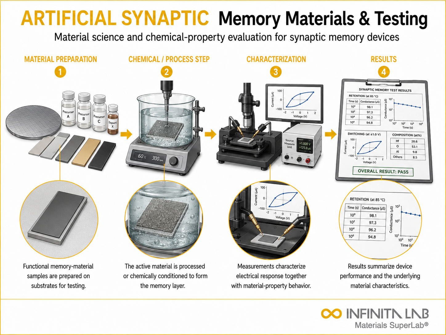 Infinita Engineering Visual showing Artificial Synaptic Memory chemical composition / wet chemistry workflow for artificial synaptic memory: material science, chemical properties & testing.