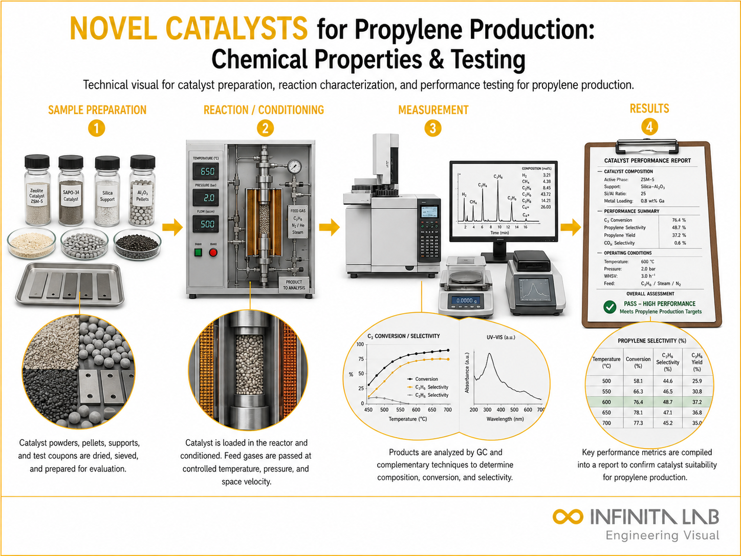 Infinita Engineering Visual showing Novel Catalysts For chemical composition / wet chemistry workflow for novel catalysts for propylene production: chemical properties & testing.