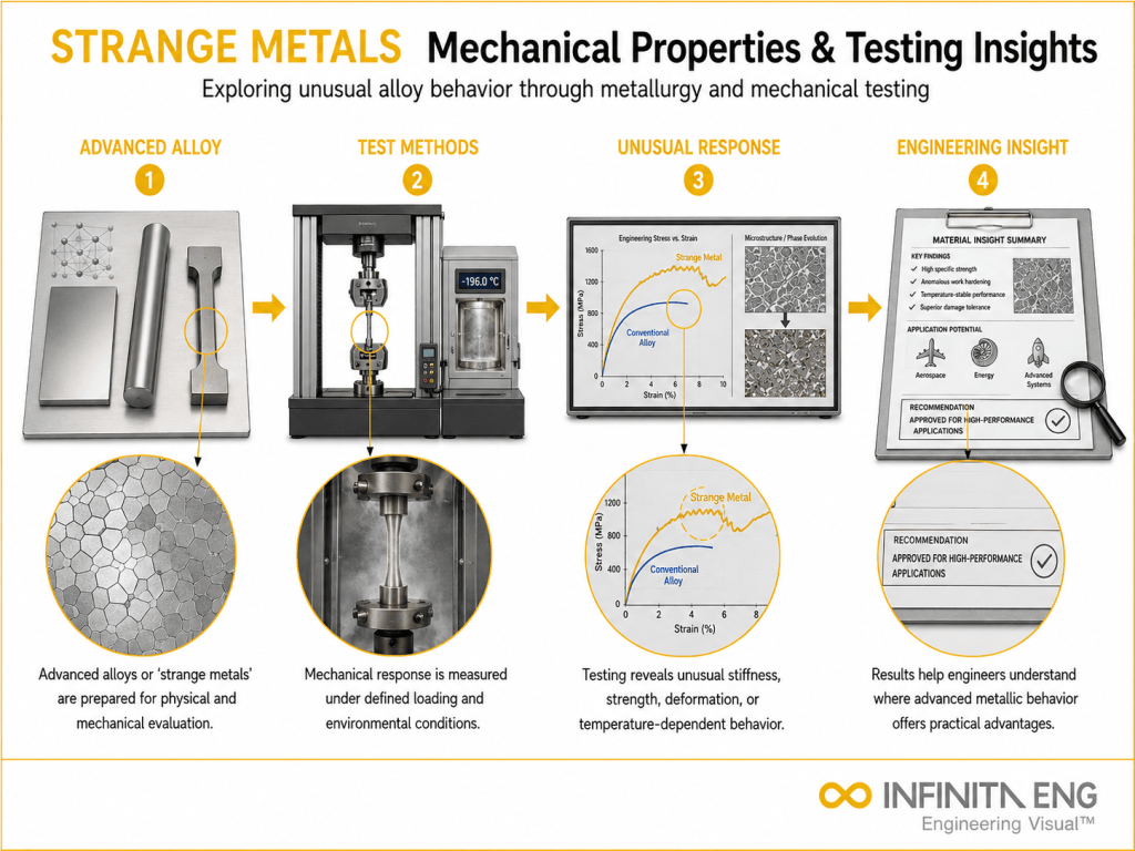 Infinita Engineering Visual showing Mechanical Properties Of general testing / industry guide workflow for mechanical properties of strange metals: metallurgy & testing insights.