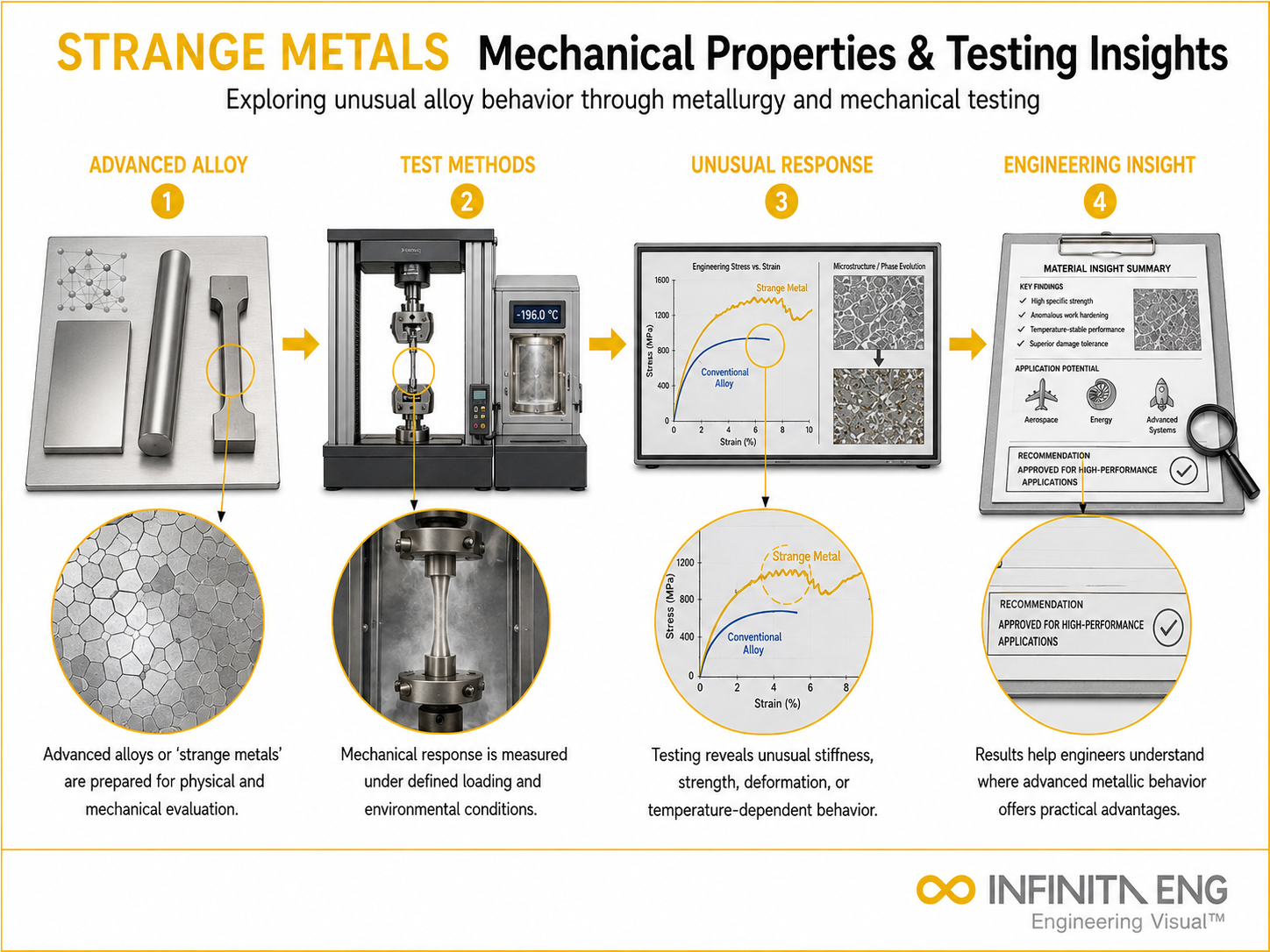 Infinita Engineering Visual showing Mechanical Properties Of general testing / industry guide workflow for mechanical properties of strange metals: metallurgy & testing insights.