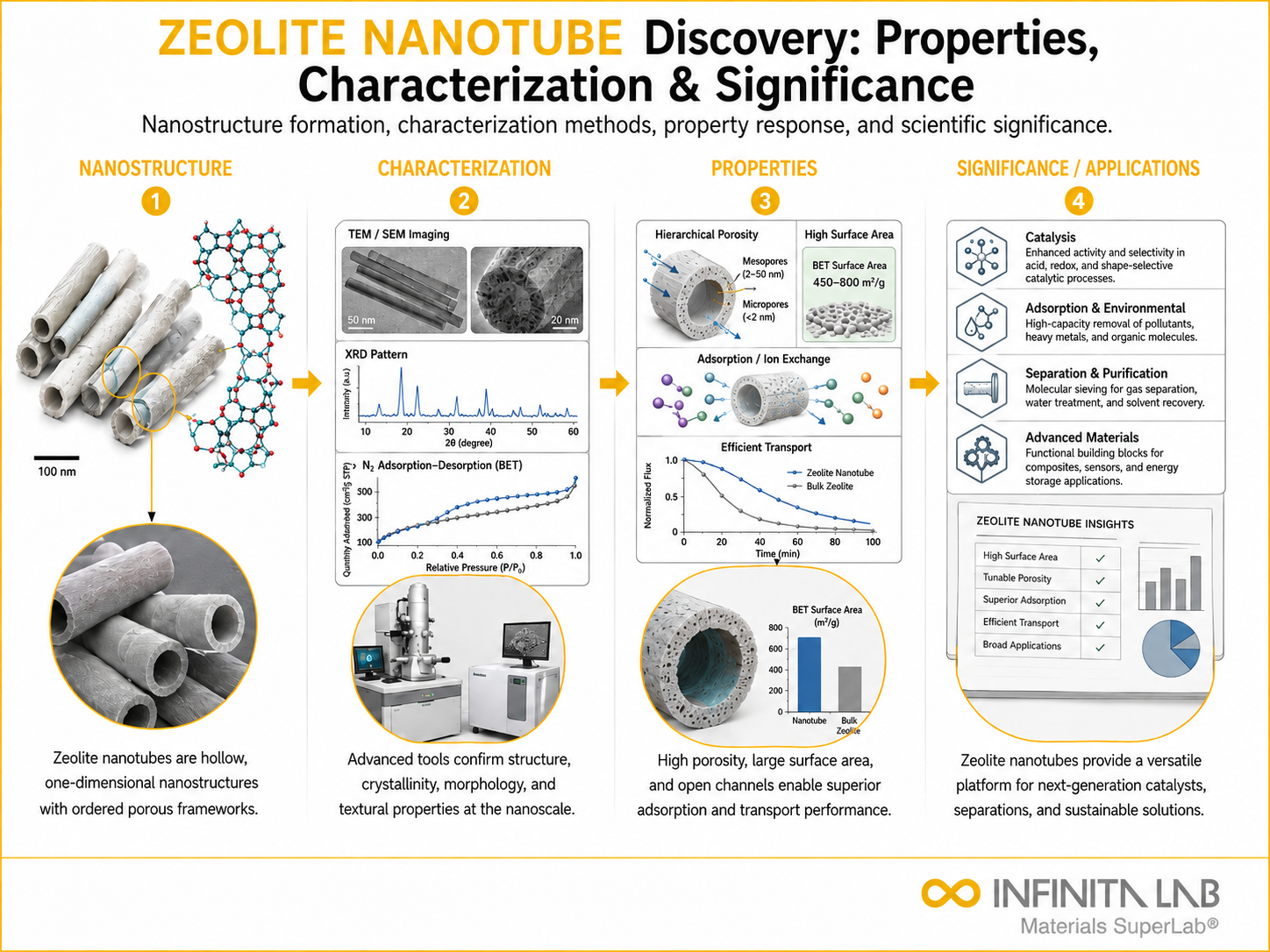 Infinita Engineering Visual showing Zeolite Nanotube Discovery general testing / industry guide workflow for zeolite nanotube discovery: properties, characterization & significance.