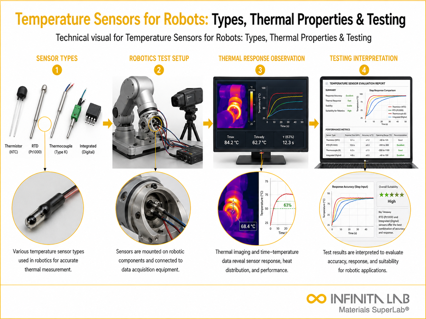 Infinita Engineering Visual showing Temperature Sensors For microscopy / imaging workflow for temperature sensors for robots: types, thermal properties & testing.