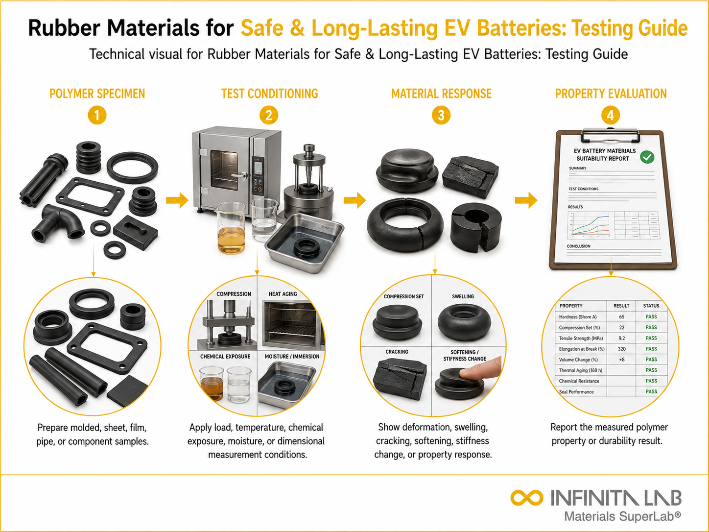 Infinita Engineering Visual showing Rubber Materials For rubber / elastomer workflow for rubber materials for safe & long-lasting ev batteries: testing guide.