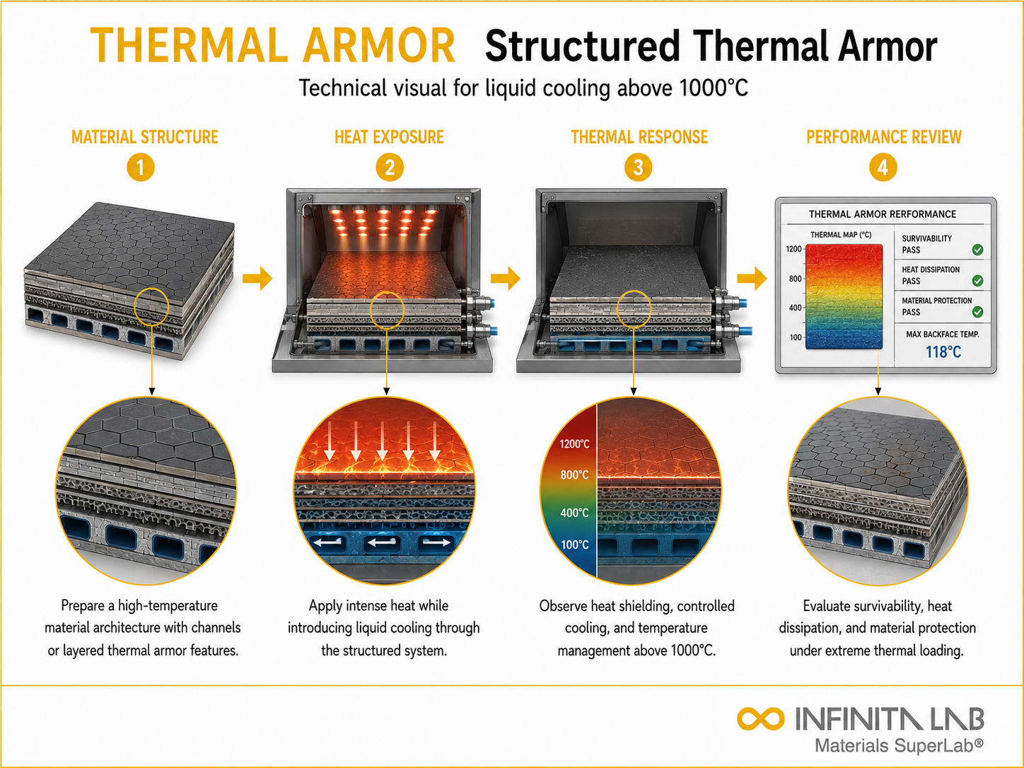 Infinita Engineering Visual showing Structured Thermal Armor thermal analysis / heat testing workflow for structured thermal armor: achieving liquid cooling above 1000°c — material testing.