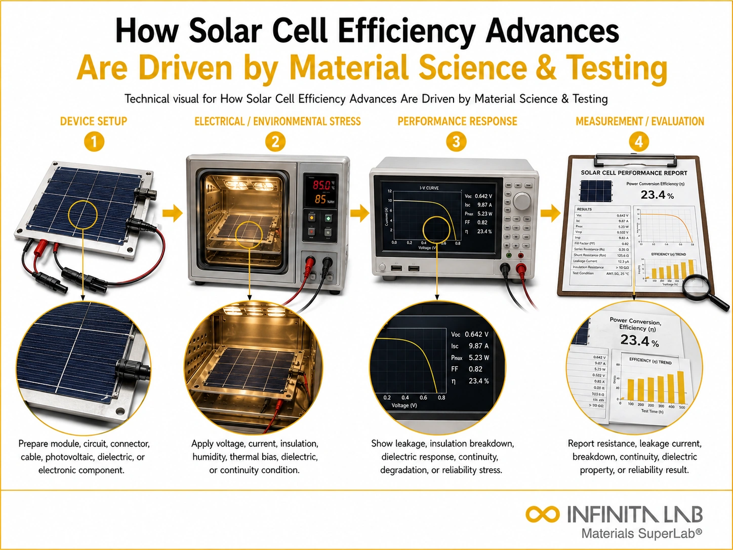 Infinita Engineering Visual showing How Solar Cell battery / solar / energy materials workflow for how solar cell efficiency advances are driven by material science & testing.