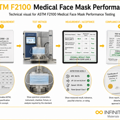 Infinita Engineering Visual showing ASTM F2100 MEDICAL standard overview / compliance workflow for astm f2100 medical face mask performance testing.