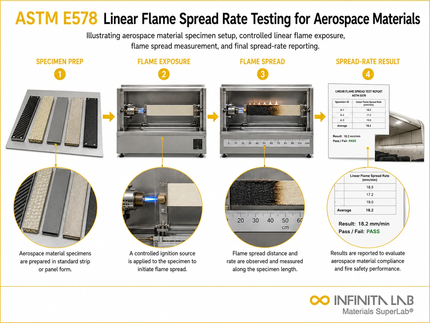 ASTM E578 Linear Flame Spread Rate Testing for Aerospace Materials