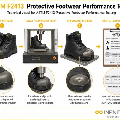 Infinita Engineering Visual showing ASTM F2413 PROTECTIVE wear / abrasion / scratch workflow for astm f2413 protective footwear performance testing.