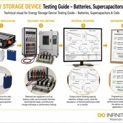 Infinita Engineering Visual showing Energy Storage Device general testing / industry guide workflow for energy storage device testing guide – batteries, supercapacitors & cells.