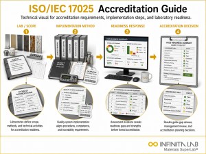 Infinita Engineering Visual showing IEC 17025 ACCREDITATION general testing / industry guide workflow for iso/iec 17025 accreditation guide for testing laboratories.