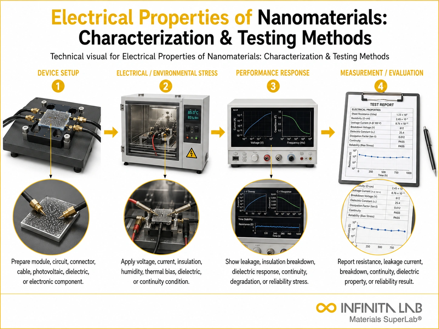 Infinita Engineering Visual showing Electrical Properties Of electrical / electronics reliability workflow for electrical properties of nanomaterials: characterization & testing methods.