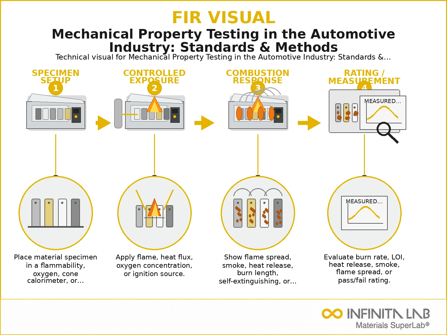 Infinita Engineering Visual showing Mechanical Property Testing combustible dust / loc / explosion workflow for mechanical property testing in the automotive industry: standards & methods.