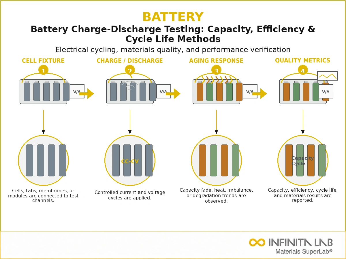 Infinita Engineering Visual showing Battery Charge Discharge electrical / electronics reliability workflow for battery charge-discharge testing: capacity, efficiency & cycle life methods.