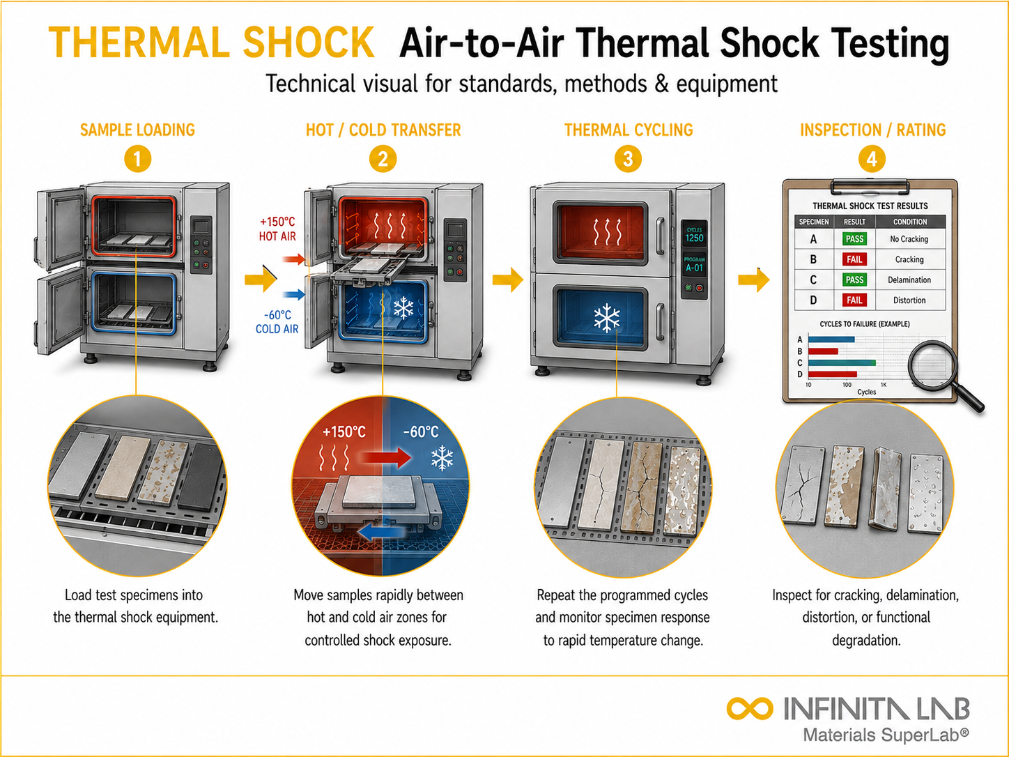 Infinita Engineering Visual showing Air To Air thermal shock / cycling workflow for air-to-air thermal shock testing: standards, methods & equipment.