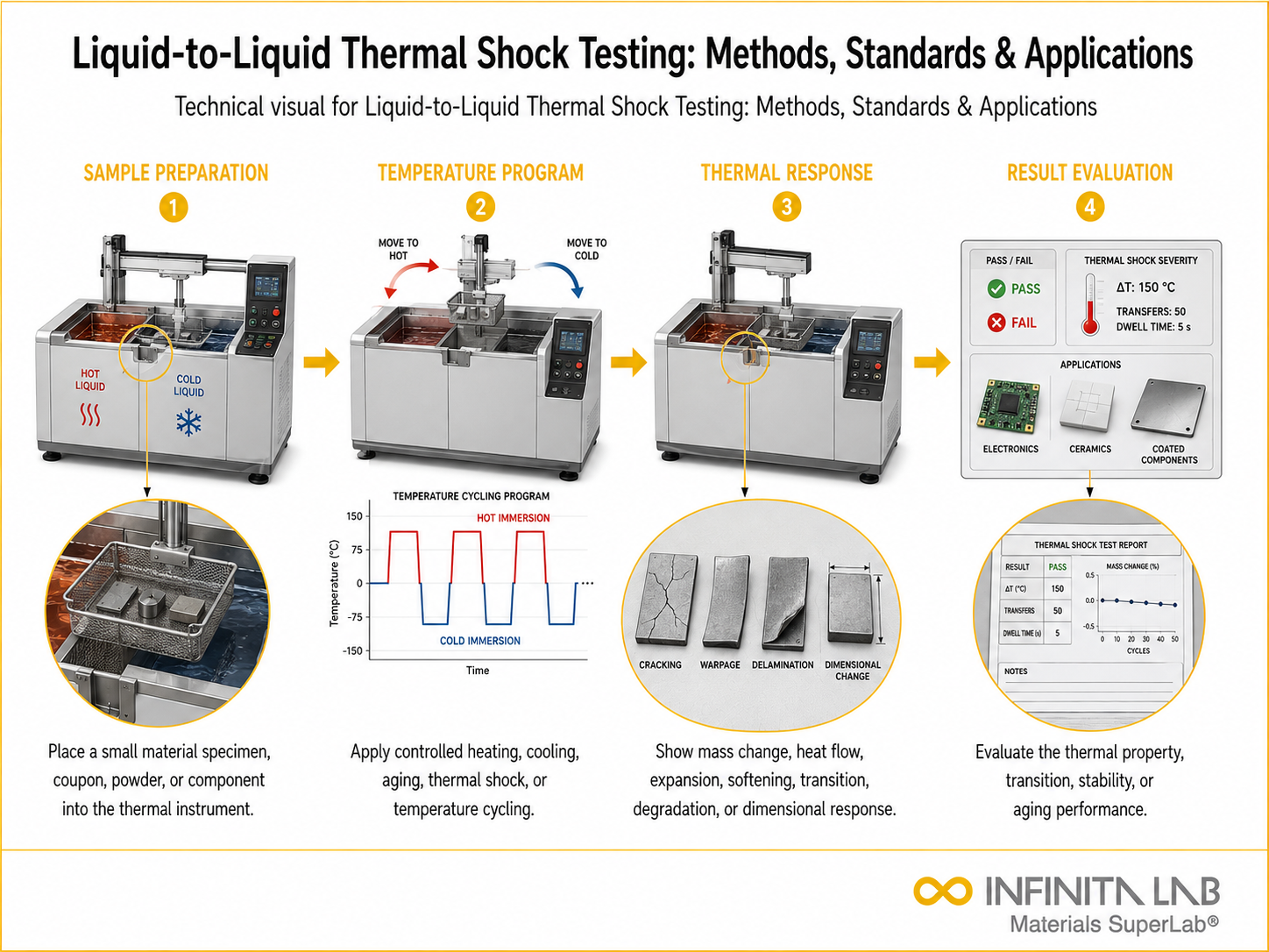 Infinita Engineering Visual showing Liquid To Liquid thermal shock / cycling workflow for liquid-to-liquid thermal shock testing: methods, standards & applications.