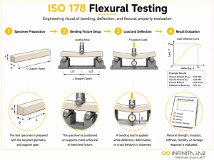 Four-step Infinita Engineering Visual showing iSO 178 Flexural Testing Specimen Size Geometry Test Conditions with specimen preparation, fixture setup, flexural loading, and results evaluation.