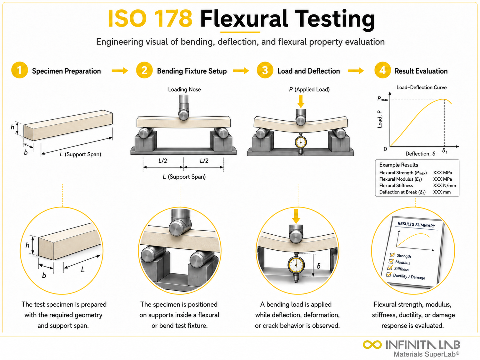 Four-step Infinita Engineering Visual showing iSO 178 Flexural Testing Specimen Size Geometry Test Conditions with specimen preparation, fixture setup, flexural loading, and results evaluation.
