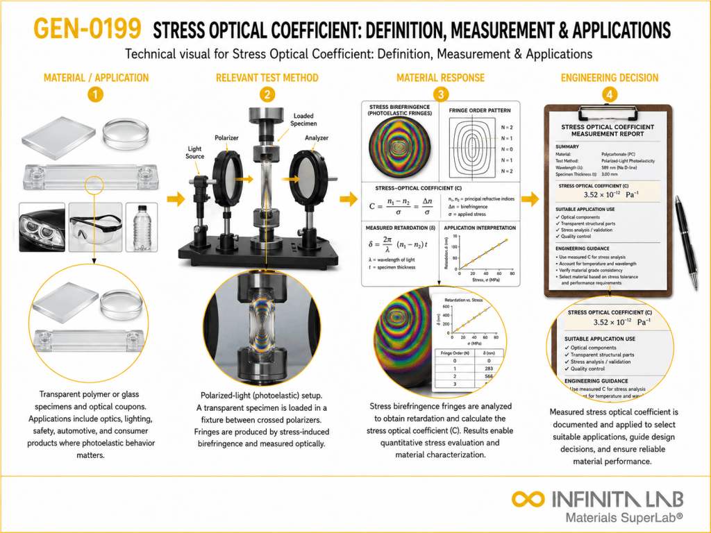 Infinita Engineering Visual showing Stress Optical Coefficient general testing / industry guide workflow for stress optical coefficient: definition, measurement & applications.