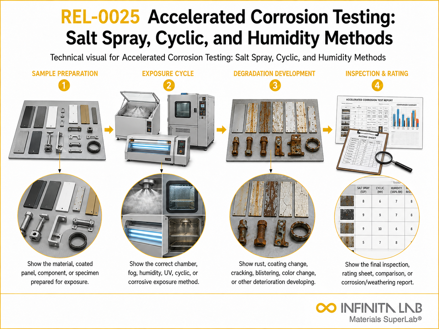 Infinita Engineering Visual showing Accelerated Corrosion Testing: Salt Spray, Cyclic, and Humidity Methods corrosion / weathering / durability workflow.