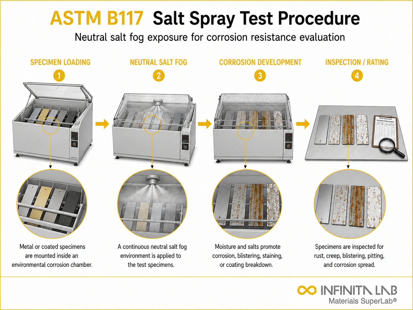 Four-step Infinita Engineering Visual showing astm b117 salt spray test procedure: step-by-step guide & best practices with specimen loading, neutral salt fog, corrosion development, and inspection / rating.