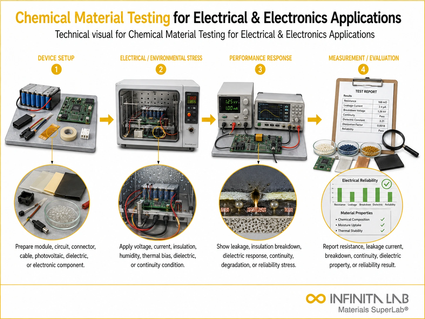 Infinita Engineering Visual showing Chemical Material Testing electronics reliability / thb workflow for chemical material testing for electrical & electronics applications.