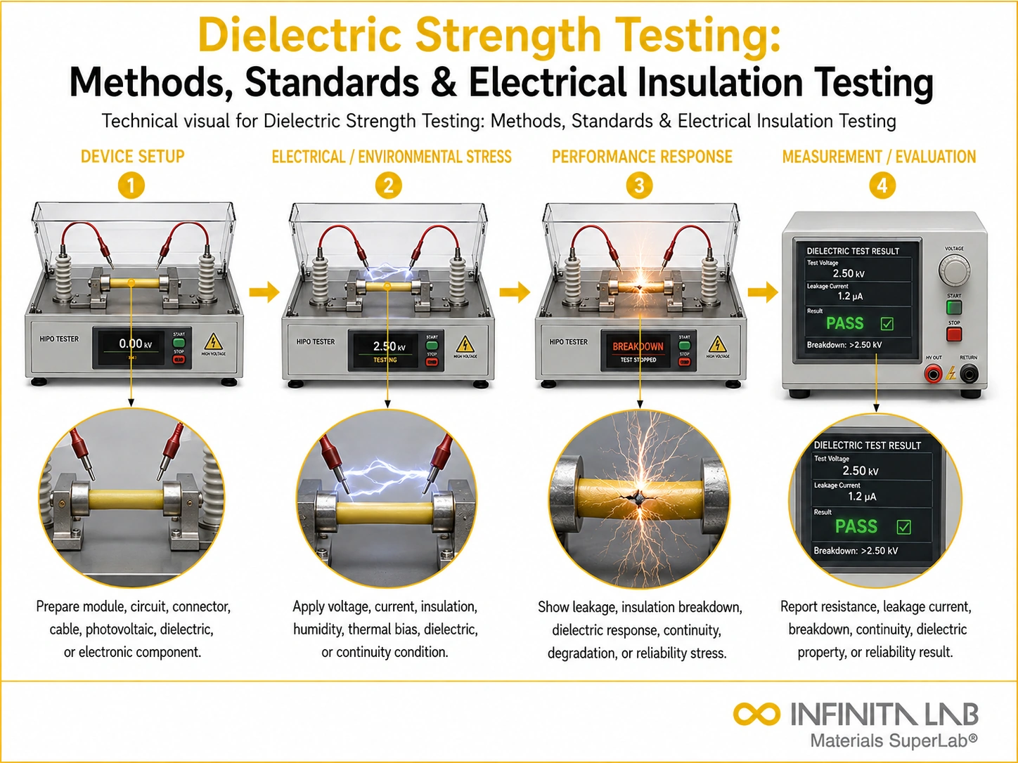 Infinita Engineering Visual showing Dielectric Strength Testing dielectric / insulation / electrical workflow for dielectric strength testing: methods, standards & electrical insulation testing.