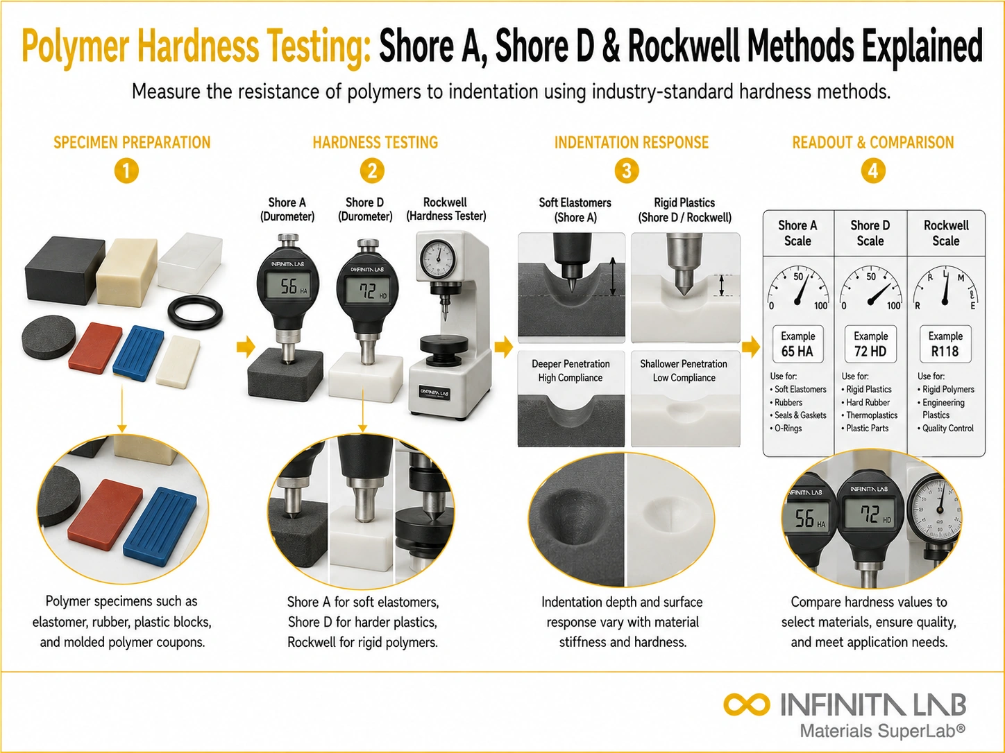 Infinita Engineering Visual showing Polymer Hardness Testing rubber / polymer hardness workflow for polymer hardness testing: shore a, shore d & rockwell methods explained.
