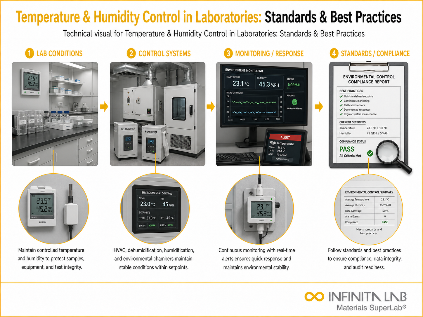 Infinita Engineering Visual showing Temperature Humidity Control microscopy / imaging workflow for temperature & humidity control in laboratories: standards & best practices.