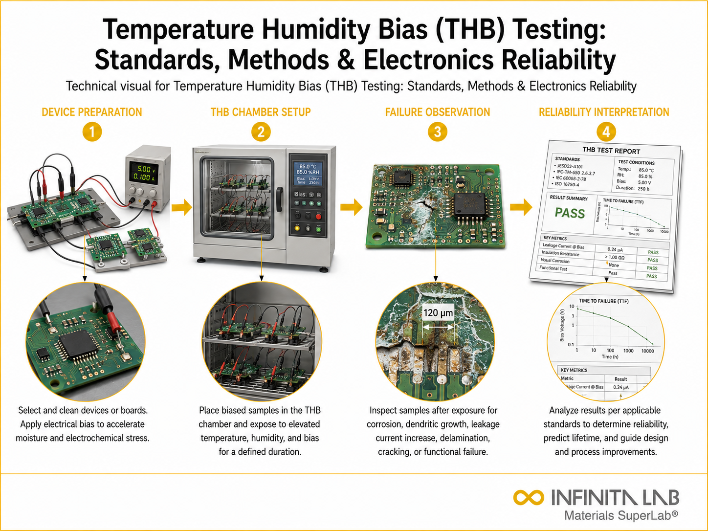 Infinita Engineering Visual showing Temperature Humidity Bias microscopy / imaging workflow for temperature humidity bias (thb) testing: standards, methods & electronics reliability.