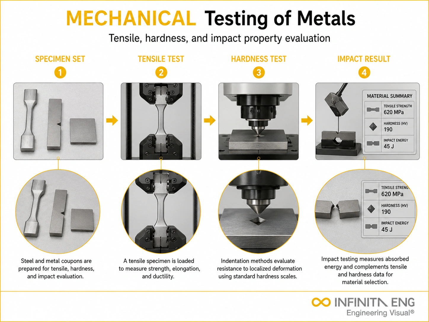 Infinita Engineering Visual showing Mechanical Testing Of hardness / indentation workflow for mechanical testing of steel & metals: tensile, hardness & impact testing.