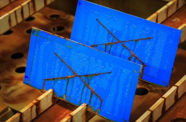 Steel and ceramic material coupons compared after identical corrosion exposure test