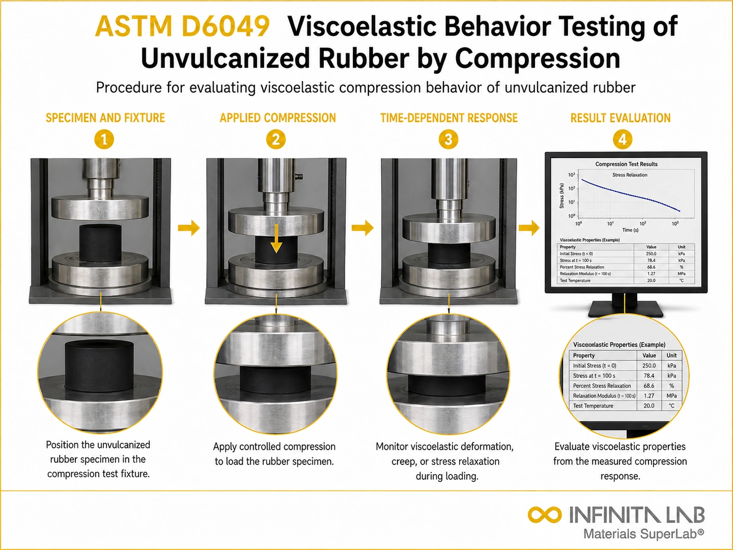 ASTM D6049 Viscoelastic Behavior Testing of Unvulcanized Rubber by Compression