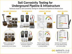 Infinita Engineering Visual showing Soil Corrosivity Testing oil / lubricant workflow for soil corrosivity testing for underground pipeline & infrastructure.