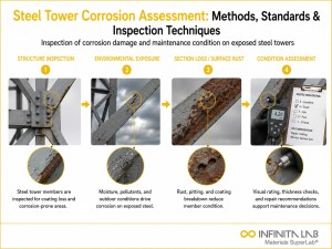 Four-step Infinita Engineering Visual showing steel tower corrosion assessment: methods, standards & inspection techniques with structure inspection, environmental exposure, section loss / surface rust, and condition assessment.