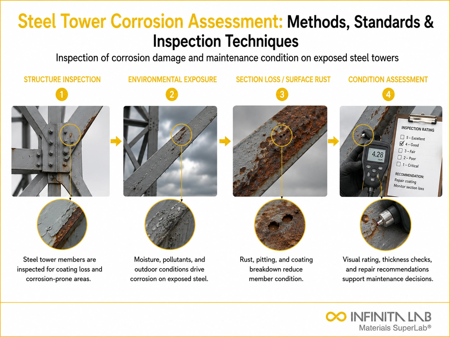 Four-step Infinita Engineering Visual showing steel tower corrosion assessment: methods, standards & inspection techniques with structure inspection, environmental exposure, section loss / surface rust, and condition assessment.