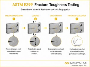 Four-step Infinita Engineering Visual showing stress corrosion cracking test with stressed specimen, corrosive exposure, crack initiation, and crack evaluation.