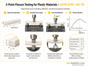 Four-step Infinita Engineering Visual showing 3 Point Flexure Testing for Plastic Materials ASTM D790 ISO 178 with specimen preparation, fixture setup, flexural loading, and results evaluation.