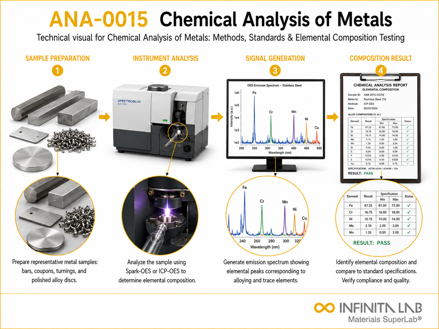 Infinita Engineering Visual showing Chemical Analysis Of elemental / spectroscopic analysis workflow for chemical analysis of metals: methods, standards & elemental composition testing.