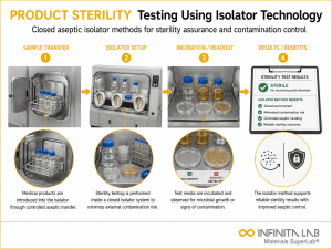 Infinita Engineering Visual showing Product Sterility Testing biocompatibility / microbiology / antimicrobial workflow for product sterility testing using isolator technology: methods & benefits.